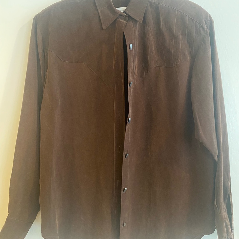 Vintage Longhorn Western Suede-feel Button-Up Shirt with silver custom buttons.